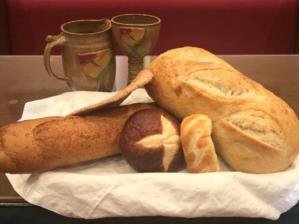 Communion table prepared for worship at First Christian Church of Pasadena